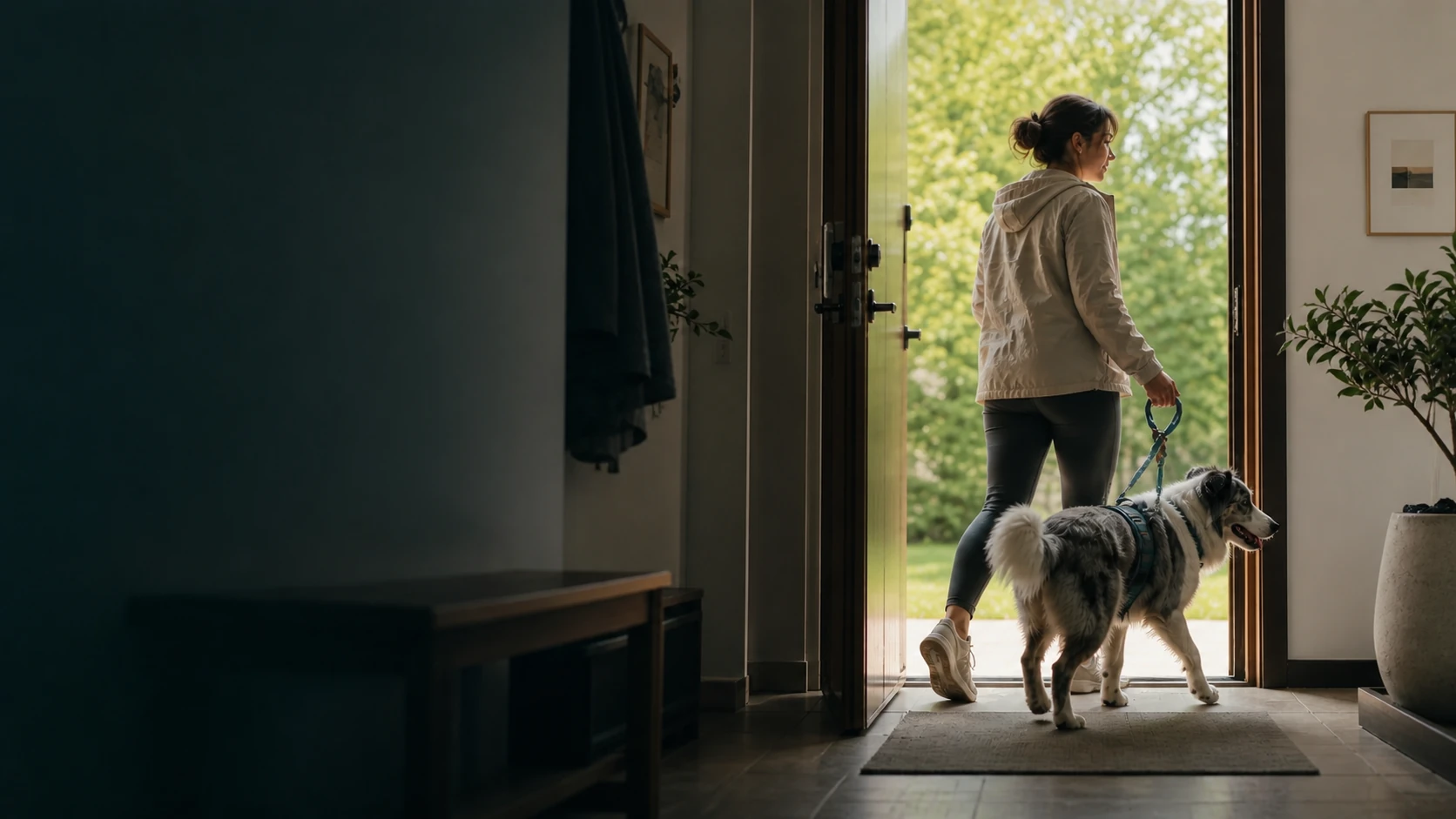 A dog and owner stepping outside together